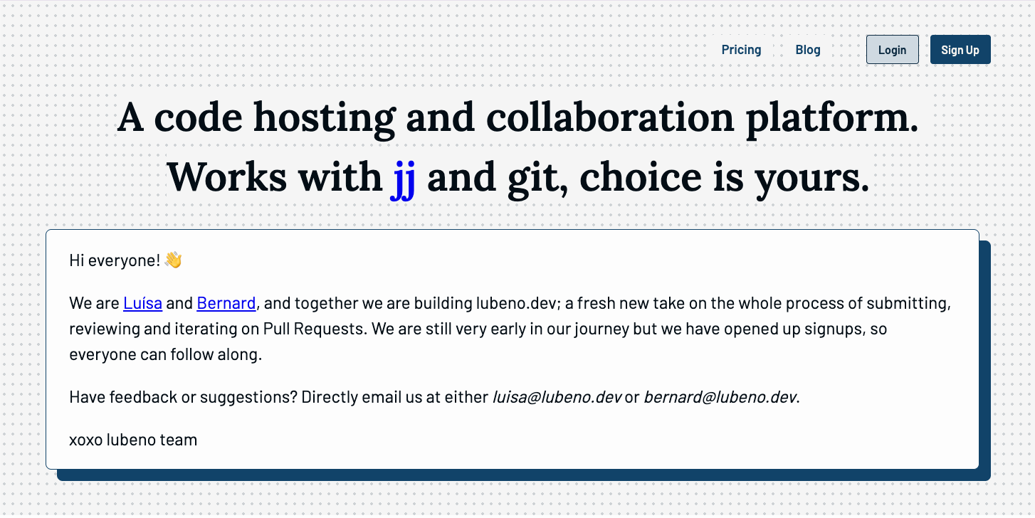 The Lubeno landing page. A code hosting and collaboration platform